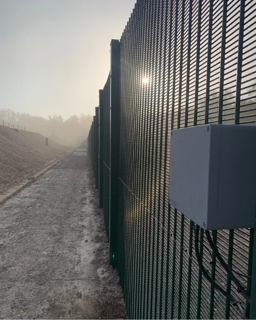 CANFEN Super 10 security fence with integrated sensor housing at a Severn Trent Water utility site in winter frost conditions