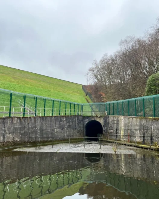 CANFEN Super 10 high-security mesh fence installed at a Severn Trent Water utility site in misty winter conditions