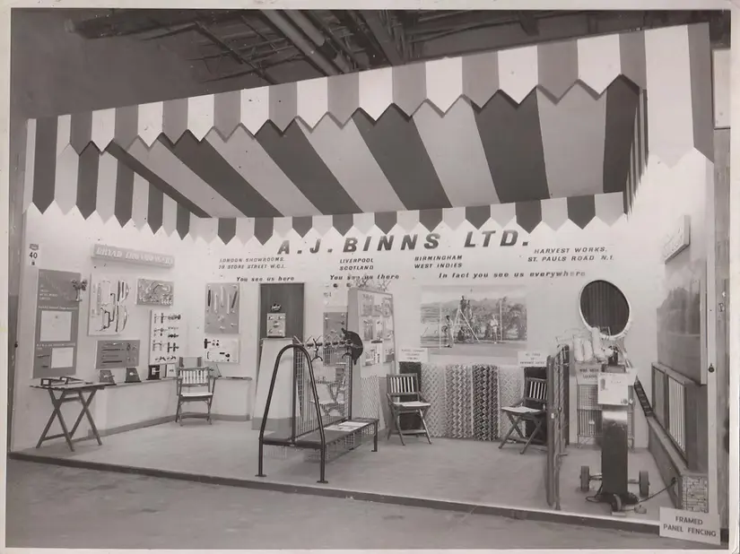 Vintage A.J. Binns Ltd exhibition showroom featuring fencing and perimeter security systems from the UK