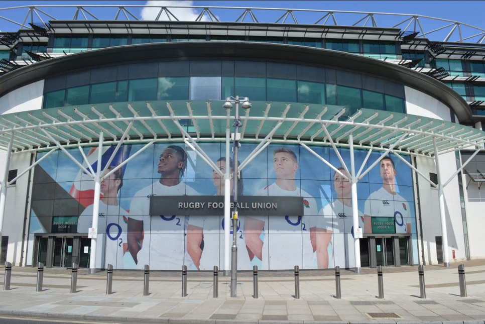 Manufacturer illustration from the Truckstopper 17 datasheet: a row of bollards outside a stadium entrance