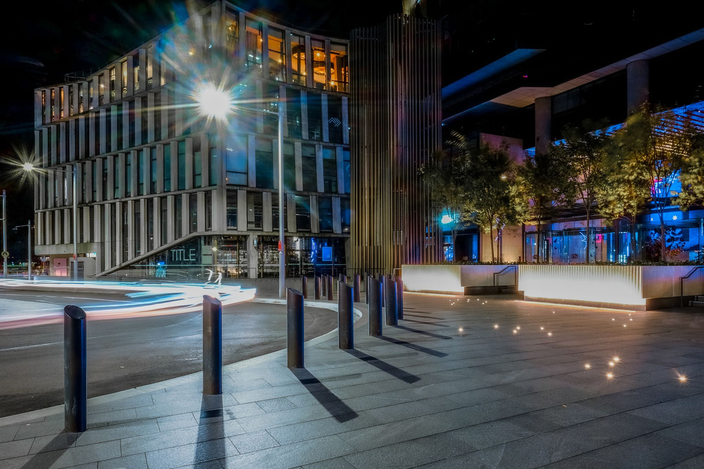 Manufacturer illustration from the Truckstopper 3 datasheet: a row of bollards on an illuminated urban pavement