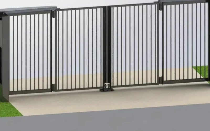 3D render of a dark steel cantilever bi-folding speed gate for industrial and commercial perimeter access control