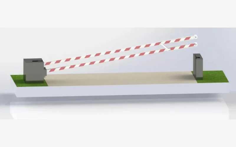 3D render of IWA 14-1 rated rising arm barrier Arrestor EAG10040 with dual arms in raised position