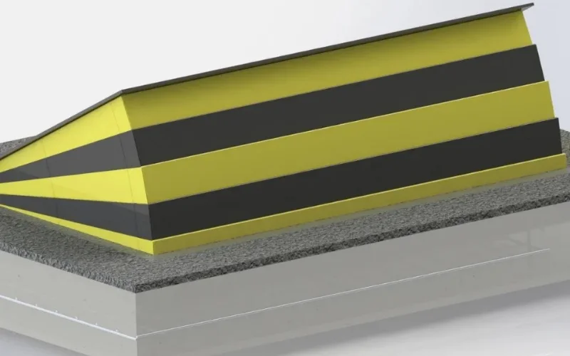 3D render of a PAS 68 surface-mount road blocker with yellow and black hazard markings embedded in road surface