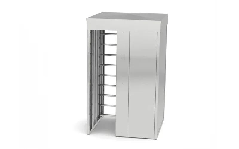 3D render of a stainless steel LPS 1175 full-height security turnstile for high-security pedestrian access control